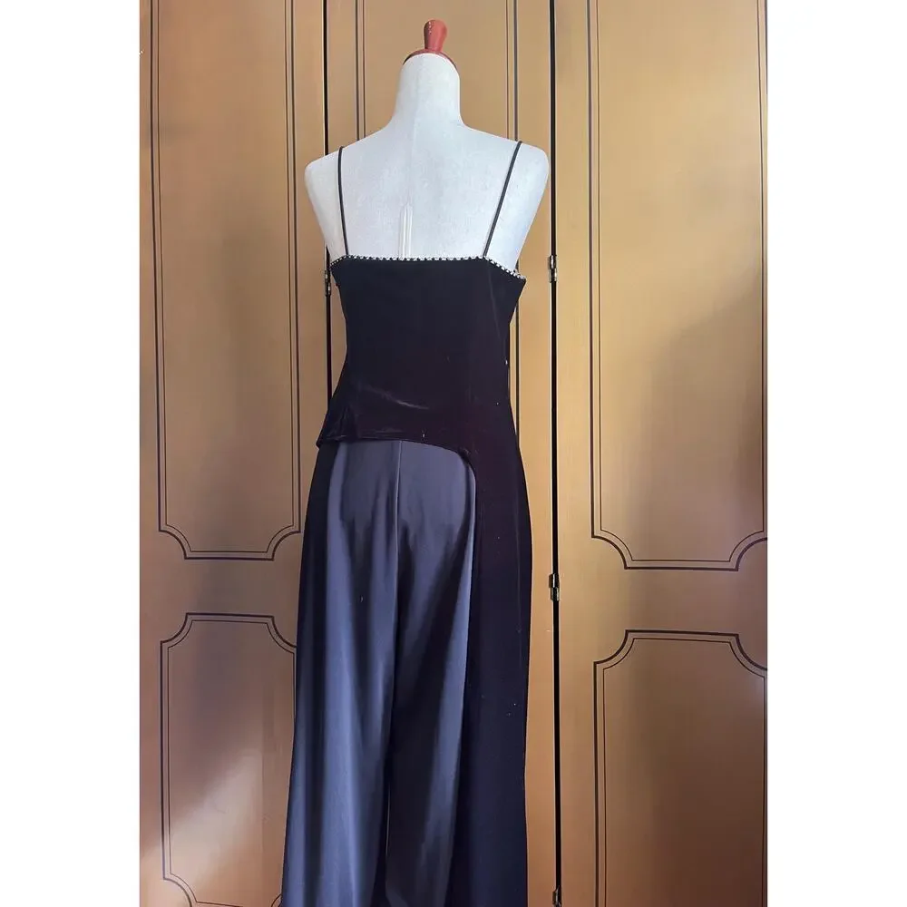 Vintage jumpsuit in black with velvet top and crystals, size 14